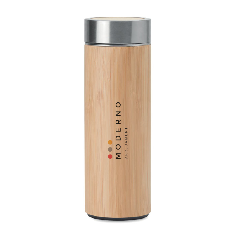 THERMOS 400 ml. IN ACCIAIO INOX DOPPIO STRATO C.ISOLANTE E RIVESTIMENTO IN BAMBOO E INFUSORE PER THEdiam.cm.6,5XH20 ART. BC440