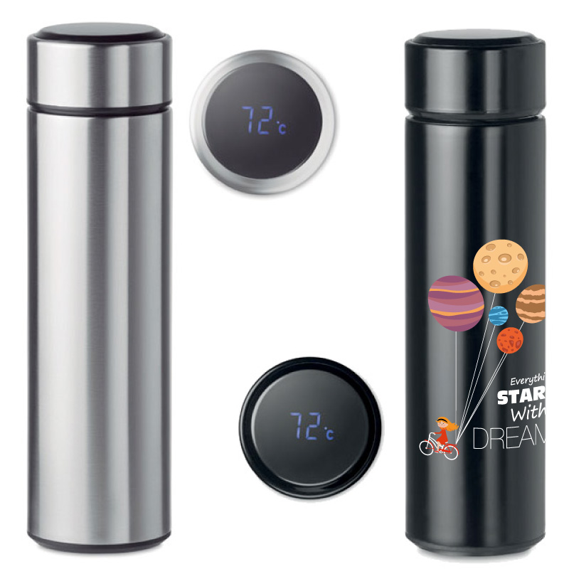 THERMOS 450 ml. ANTIGOCCIA IN ACCIAIO INOX DOPPIO STRATO C.TERMOMETRO TOUCH A LED SUL TAPPO diam.cm.6XH23 ART. BC450