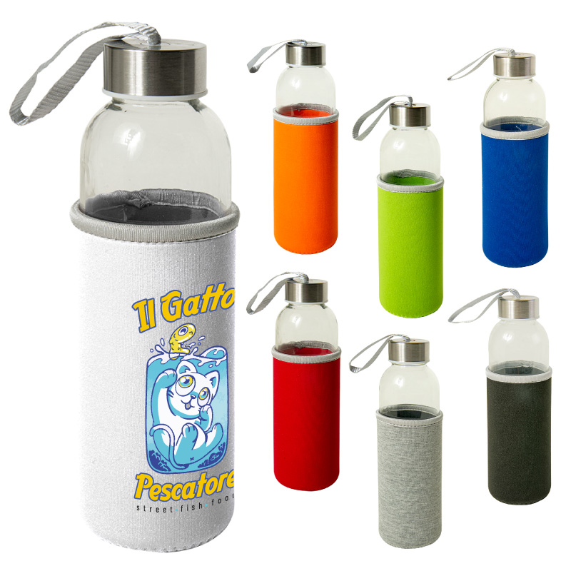 BOTTIGLIA IN VETRO 500ml C. TAPPO IN ACC. E CUSTODIA IN NEOPRENE diam6,5xh22cm ART. BC762