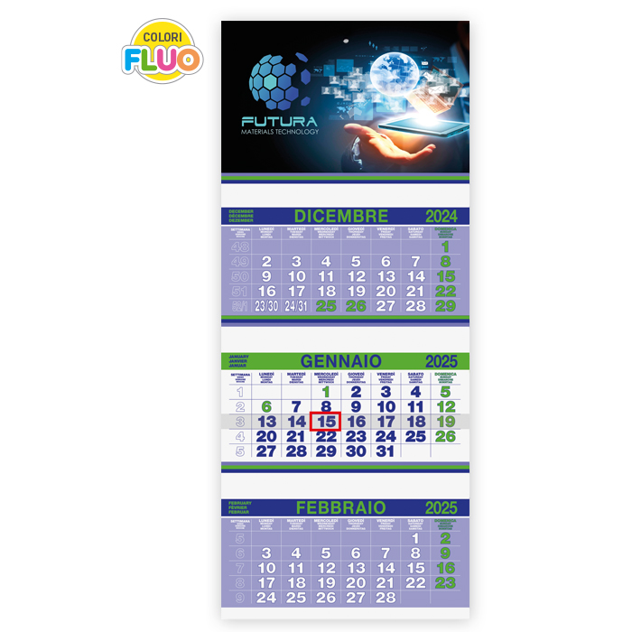 CALENDARIO TRIO FLUO 3 BLOCCHI DORSATI E PERFORATI CARTA NATURALE gr.90 ART. CA-500