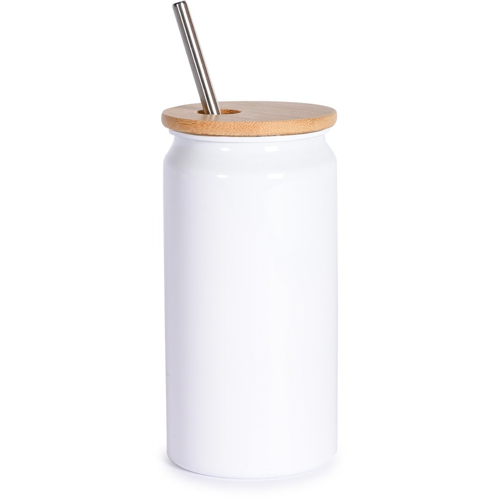 TAZZA BIANCA 380 ML IN ALLUM. RICICLATO, BAMBÙ E ACCIAIO INOX Ø cm.6,6x13,4 PER SUBLIMAZIONE  ART.CM-706