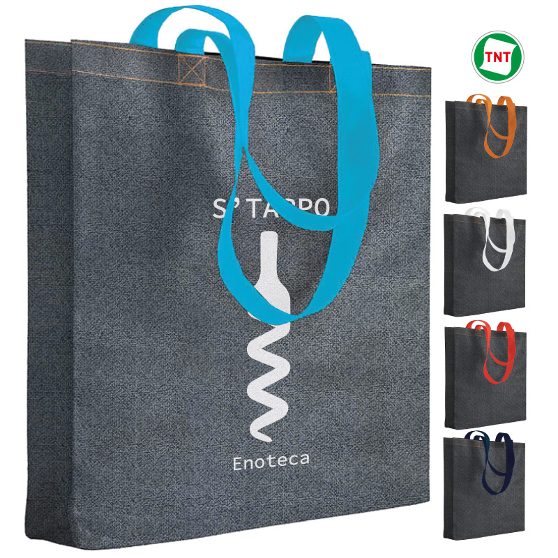 SHOPPER CON SOFFIETTO IN TNT STAMPATO EFFETTO JEANS MANICI COL. cm.38x42x10 ART.RA571