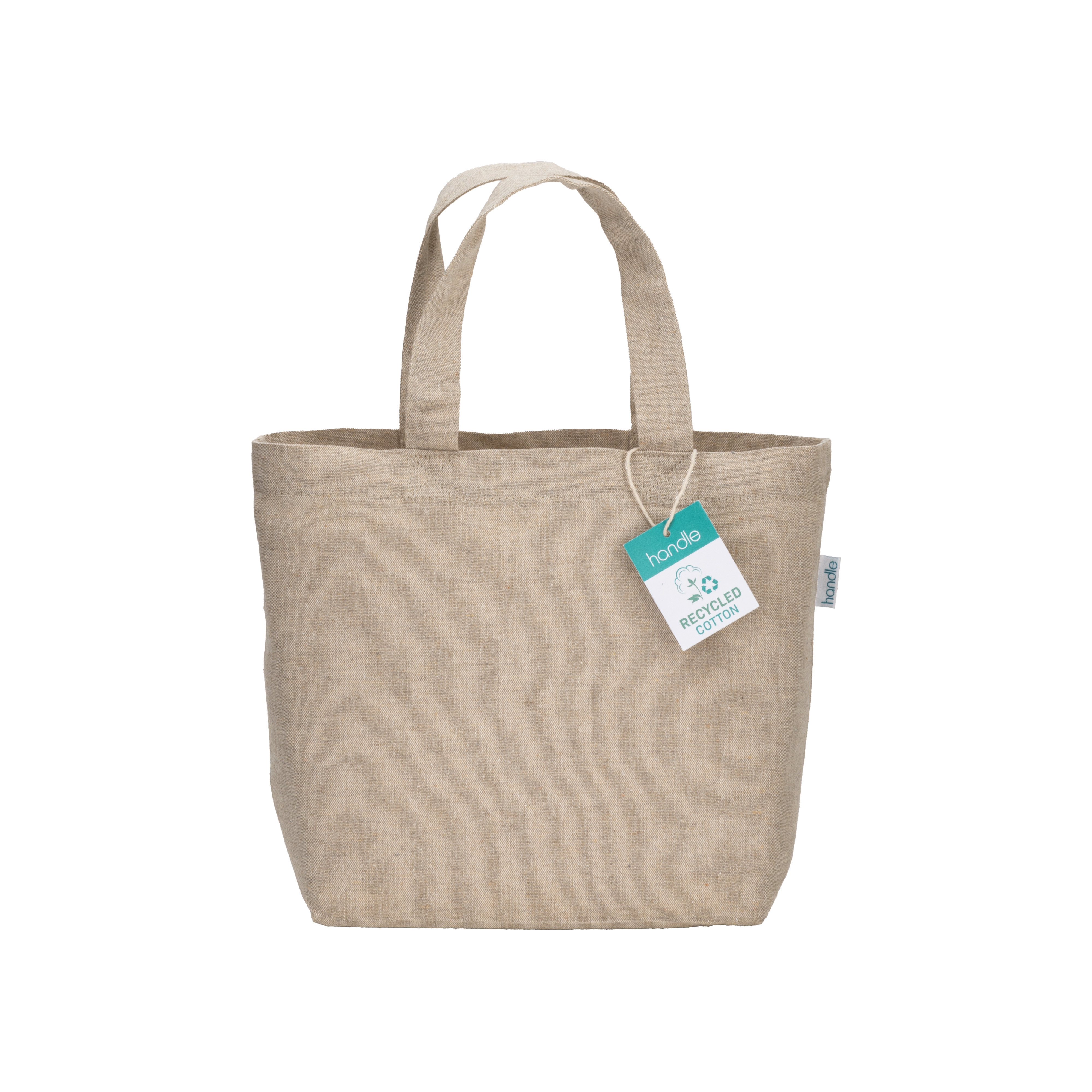 MINI SHOPPER IN COTONE RICICLATO 150 g/m2, cm.32x24x10 MANICI CORTI E SOFFIETTO ALLA BASE ART.RA796